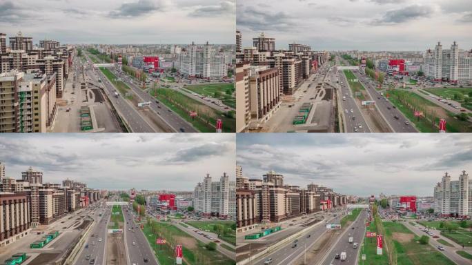俄罗斯沃罗涅日2019年5月2日: 4k空中延时、城市景观和行驶中的汽车