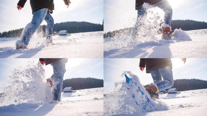 在美丽的晴天，冬季徒步旅行和雪鞋行走