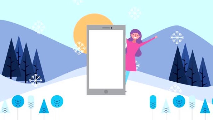 带有女人和智能手机的冬季雪景场景