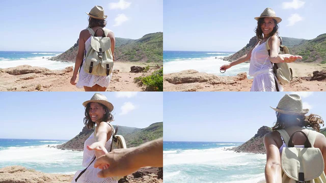 一位美丽的年轻游客 (女孩) 的肖像，穿着白色连衣裙，穿着背包，戴着草帽，沿着岩石，海洋背景和山脉行