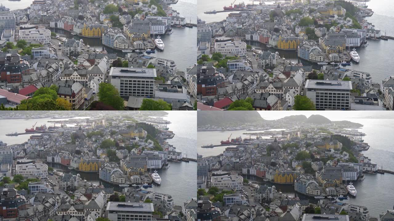 挪威奥勒松美丽的房屋和建筑。该镇是海港。它以新艺术风格建造。倾斜镜头，4K