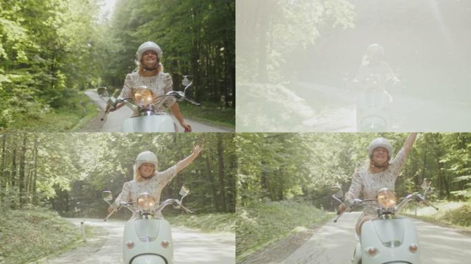 WS欣喜若狂的女人骑着踏板车穿过森林