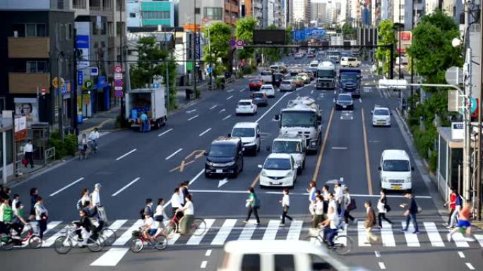 延时交通和日本人-日本东京上野的自行车行人穿越。