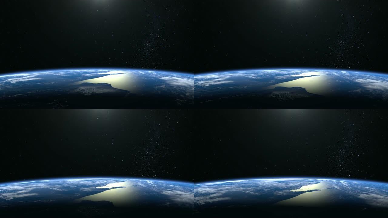地球。从太空看。星星闪烁。飞越地球。4K。地球缓慢旋转。现实的氛围。3D体积云。框架里没有太阳。
