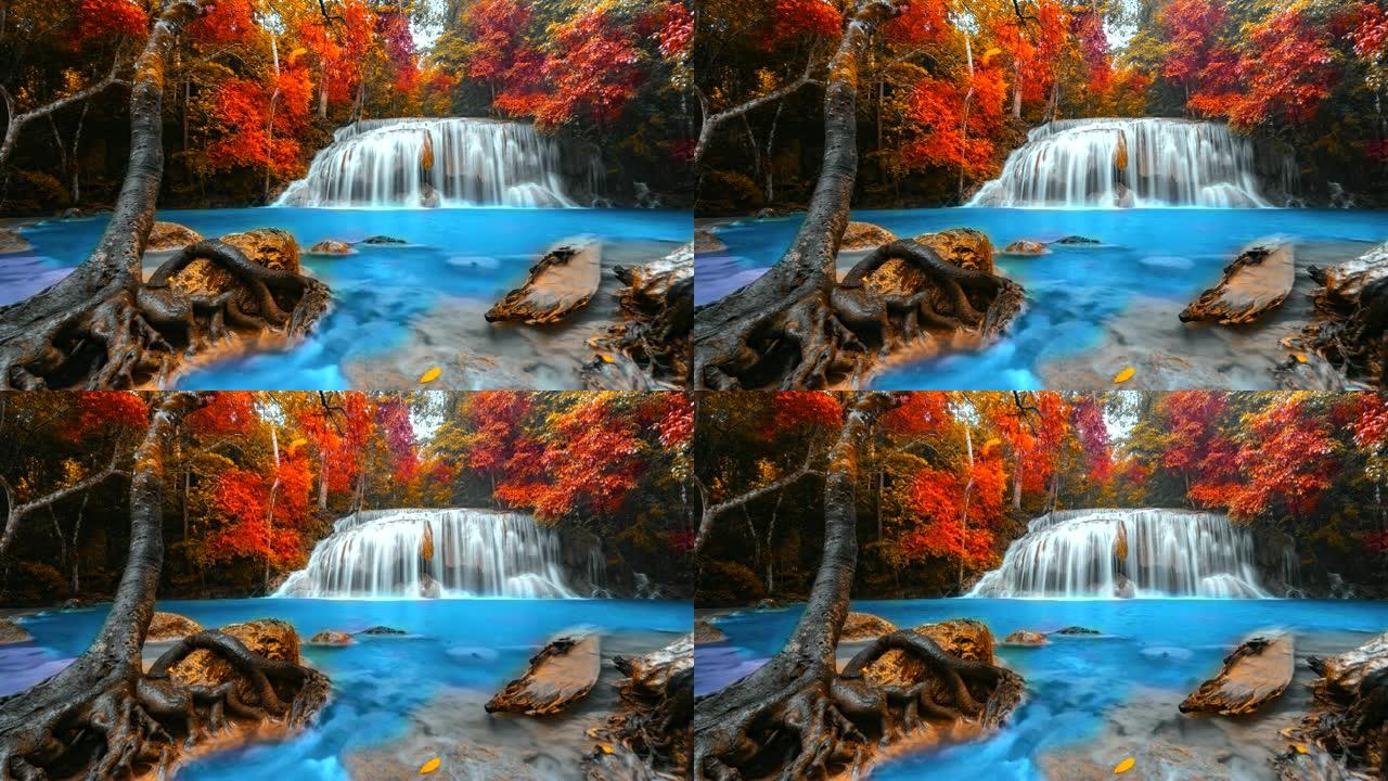 4K，泰国北碧府美丽瀑布四面佛瀑布树叶颜色变化