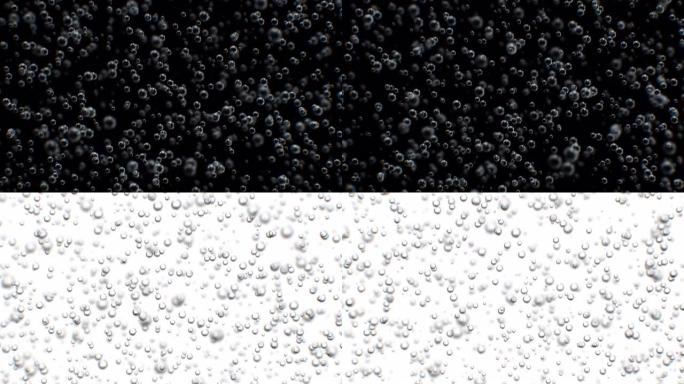 美丽的二氧化碳气泡在水中向上移动慢动作宏观无缝黑白背景。带dop模糊的特写质量气泡的循环3d动画。