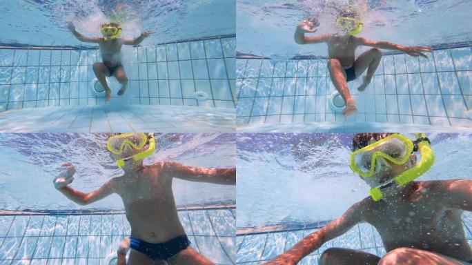 水下拍摄一个孩子潜入游泳池