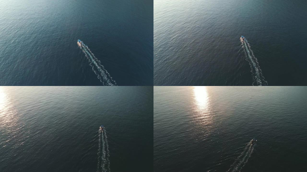 WS鸟瞰船在克罗地亚宁静的蓝色海洋上飞驰