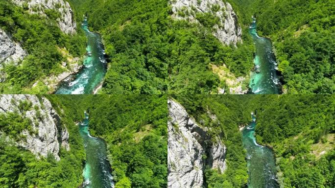 用绿树飞过峡谷，用碧绿的水飞过山河。空中无人机射击，4K