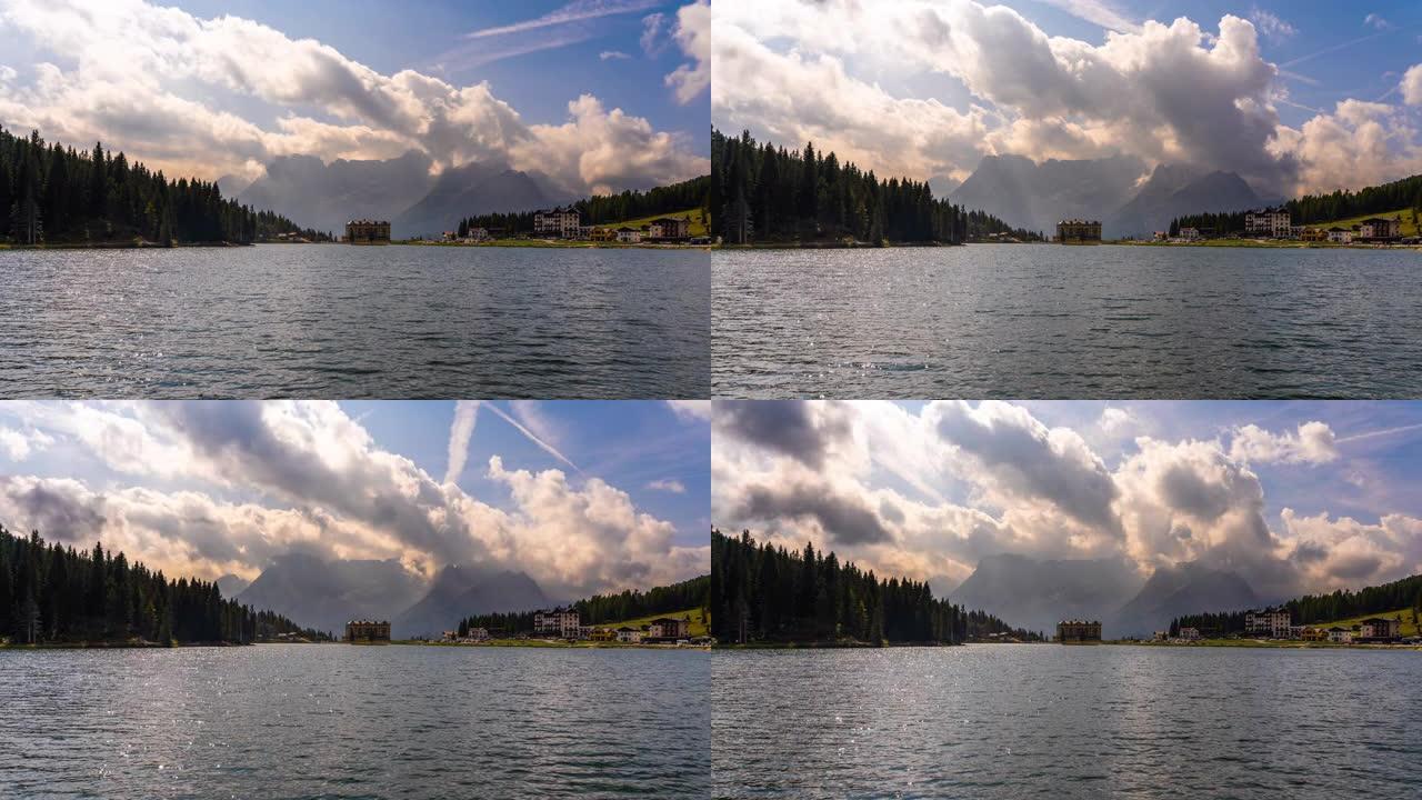 意大利多洛米蒂米苏里纳湖阳光明媚的湖泊和山脉上的WS时间推移云