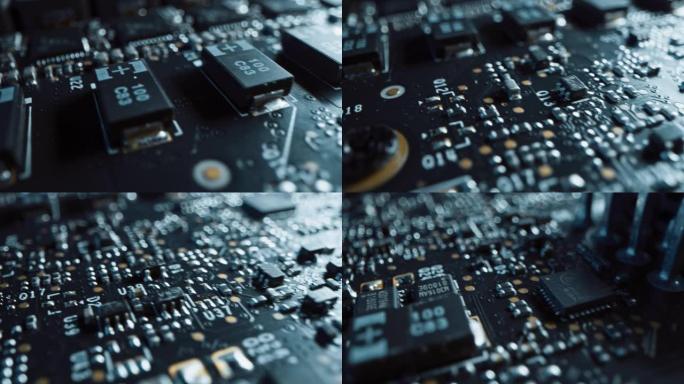微距相机在印刷电路板上缓慢移动，显示计算机主板组件: 微芯片，CPU处理器，晶体管。电子设备内部，超