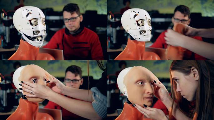 女人把皮肤放在机器人的脸上，特写。