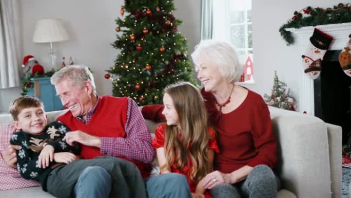 圣诞节那天，祖父母和孙子坐在家里休息室沙发上的肖像