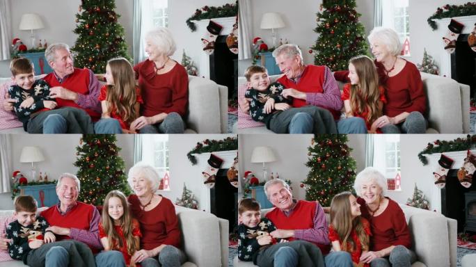 圣诞节那天，祖父母和孙子坐在家里休息室沙发上的肖像
