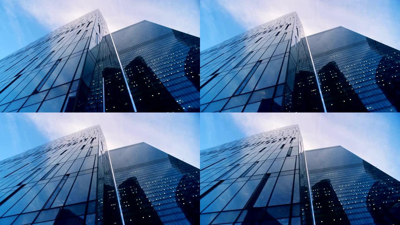 几座摩天大楼的反光玻璃墙。6k电影摄像机镜头。