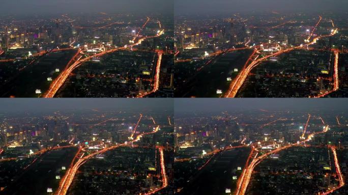 空中俯瞰交通城市在夜间