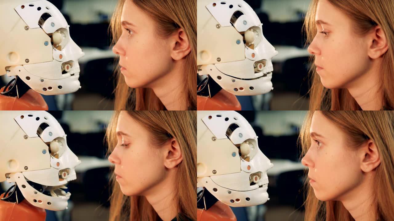 年轻女子正在密切观察机器人头部的运动