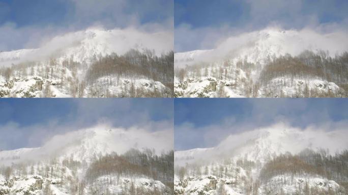 晴天雪山景观。