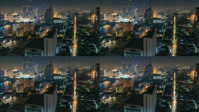 曼谷城市景观的4k时间流逝，现代建筑河畔的惊人灯光秀，曼谷夜间有朝普拉亚河和交通道路，具有城市景观概