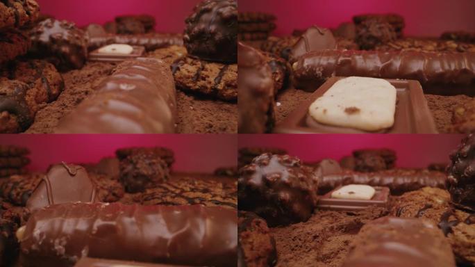 巧克力糖果躺在可可粉上