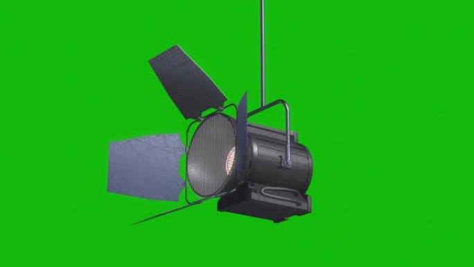 绿色屏幕上带有反射器动画的专业舞台灯，照明设备的设计元素，带有镜头耀斑的移动和转动工作室电影聚光灯投