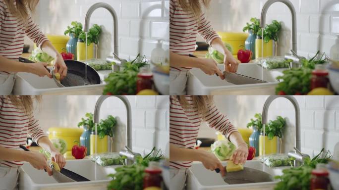 一名妇女在自来水下用清洗液清洗煎锅的特写镜头。在现代厨房使用洗碗机。天然清洁饮食和健康的生活理念。