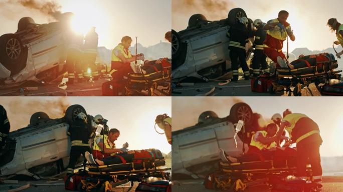 在车祸交通事故现场: 医护人员挽救了躺在担架上的乘客的生命。他们听心跳，使用氧气面罩，设置下降计数器
