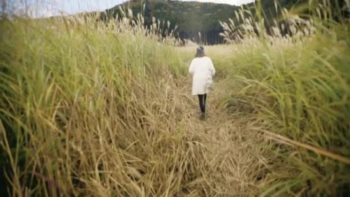 亚洲旅游女子用相机在山腰拍照