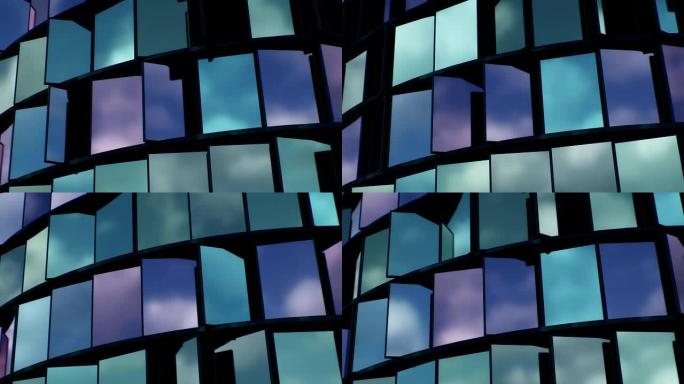4k抽象架构背景玻璃大楼三维玻璃窗户转动