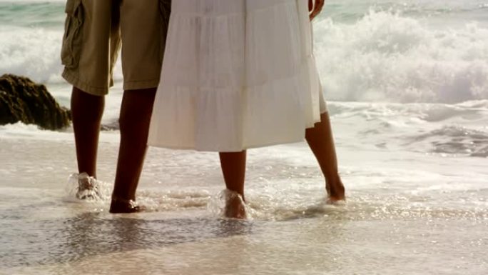 低矮的非洲裔美国夫妇一起站在海滩4k