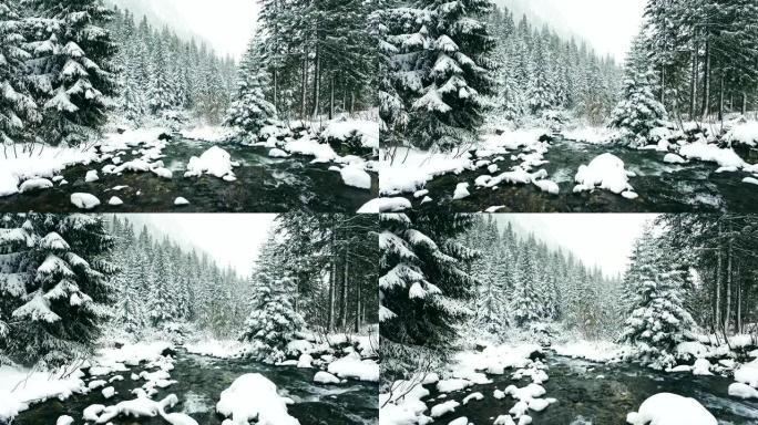 冬季仙境。森林和溪流的雪山景观