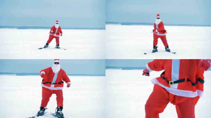圣诞老人在雪地上滑雪，特写。