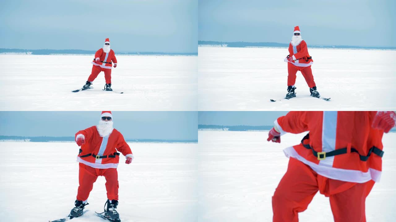 圣诞老人在雪地上滑雪，特写。