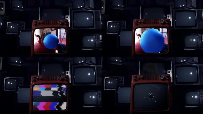 蓝色氦气球在旧电视上，屏幕爆炸。