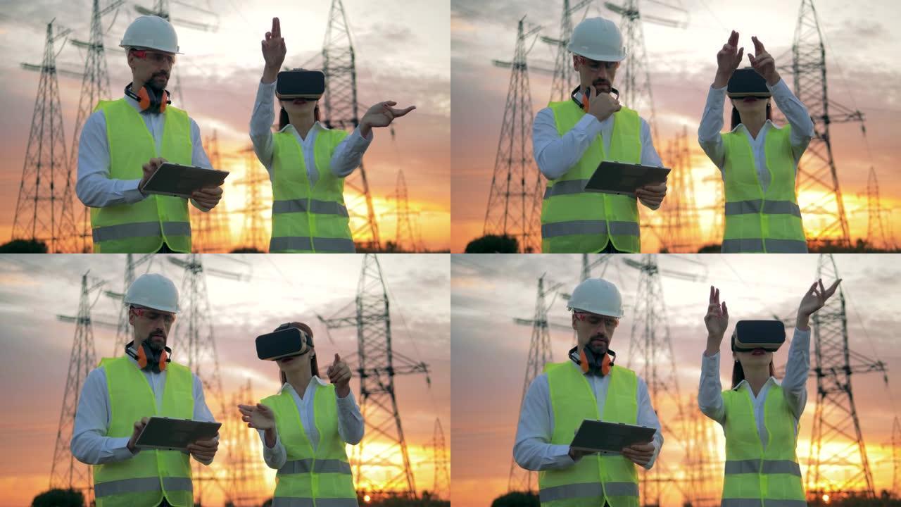戴VR耳机管理施工项目的女工程师。