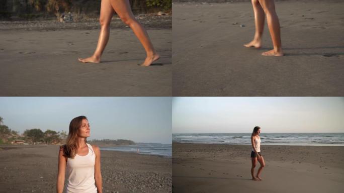 年轻女子在海洋海滩上行走的镜头序列