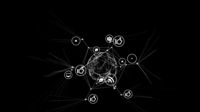 界面图标在数字球体上变化，在网络连接中旋转，线和点在黑色。循环3d动画。数字技术和媒体概念。
