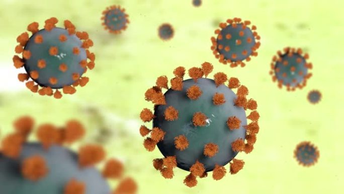 新型冠状病毒肺炎冠状病毒细胞。许多带有刷子的病毒细胞在现实的浅黄色背景上旋转并随机移动。相机用景深拍