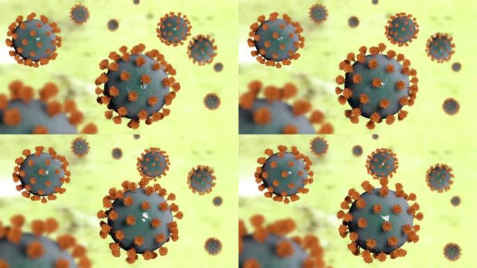 新型冠状病毒肺炎冠状病毒细胞。许多带有刷子的病毒细胞在现实的浅黄色背景上旋转并随机移动。相机用景深拍