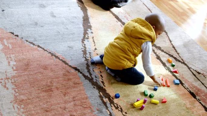 男孩在舒适的家庭中玩积木4k