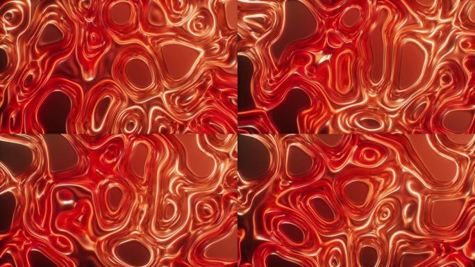 波浪表面的抽象动画在流体表面形成波纹，在组织中形成褶皱。红色丝滑织物形成美丽的褶皱。无缝循环3d渲染