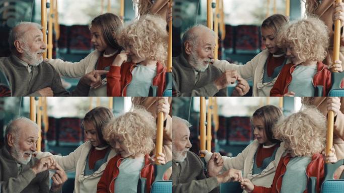 爷爷和孩子们在公共汽车上