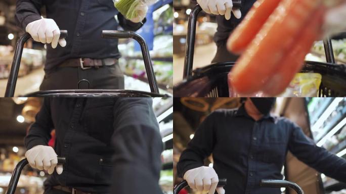 购物车视点: 在新型冠状病毒肺炎病毒期间穿着防护手套选择蔬菜进入购物车