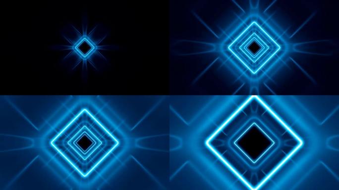 美丽的抽象方形隧道，霓虹灯线快速移动。蓝色明亮的颜色。背景未来隧道与发光。循环3d动画艺术概念。