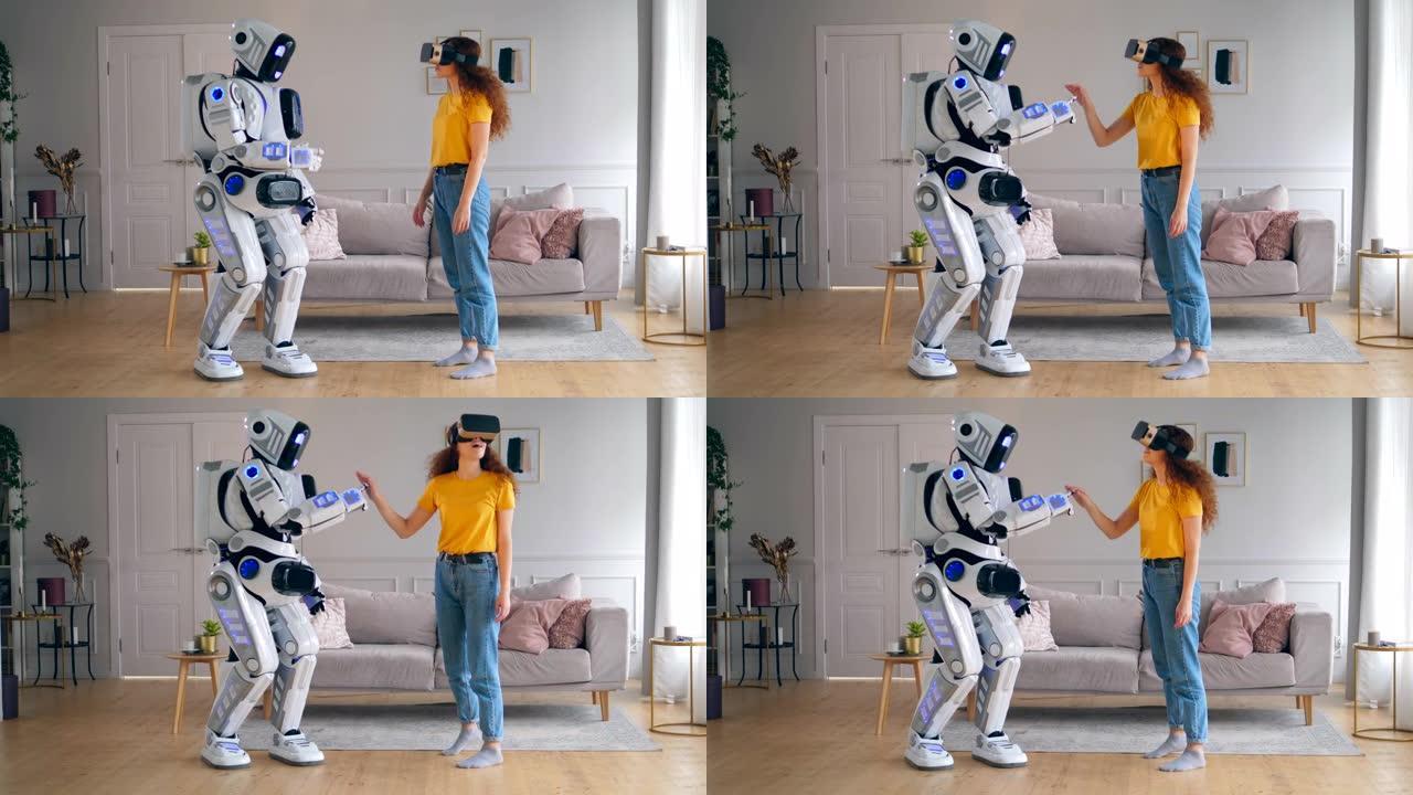类似人类的机器人正在触摸一位戴着VR眼镜的女士的手。智能家居概念。