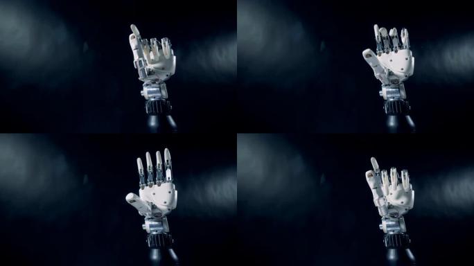 电子手弯曲手指。未来主义半机械人手臂概念。