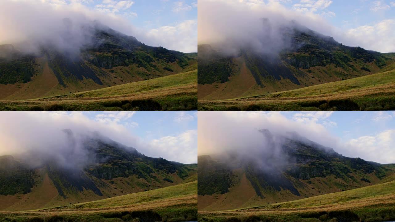 WS风景秀丽的雾气在冰岛崎mountain的山上滚动