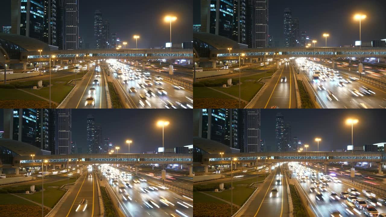 夜间交通的现代照明多车道公路系统的航拍