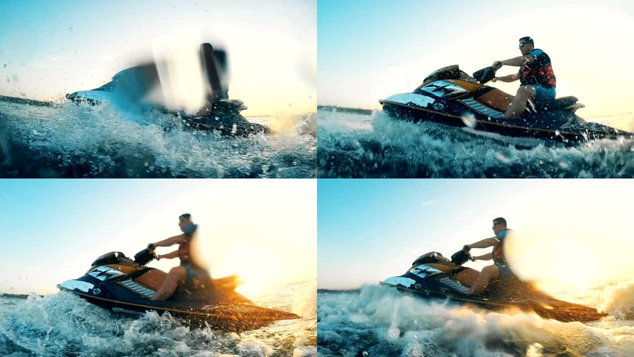 滑板车上的一名男子在开车时向相机泼水
