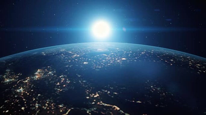 来自太空的蓝色数字太阳在地球上方的日出